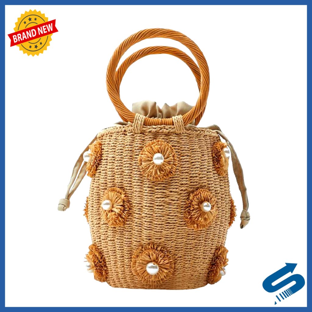 Rattan Straw Tote Bag Boho Beach Drawstring Bucket Handbag Woven Artwork